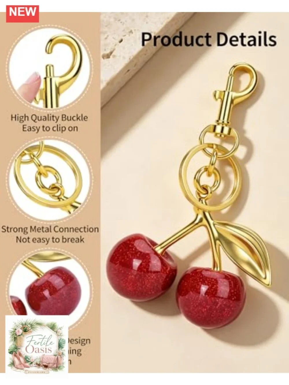 2 Pack Cherry Bag Charm Keychain, Resin & Metal Purse Accessory for Women